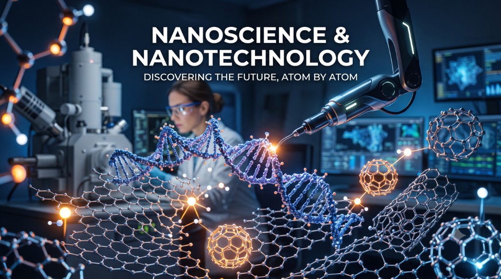 Nanoscience and nanotechnology laboratory with DNA, graphene structures, and robotic precision research